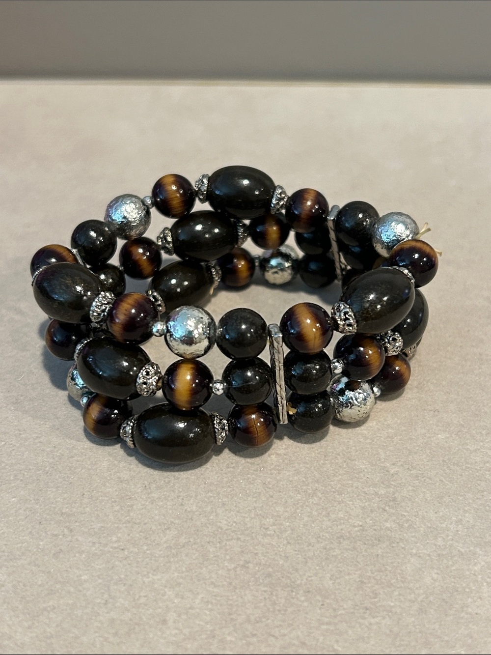 Elegant Black & Brown Beaded Stretch Bracelet